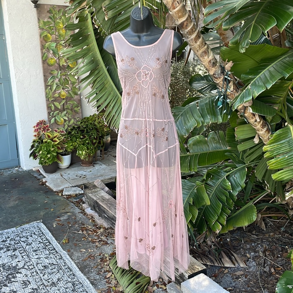 Newport News sheer beaded two piece drop waist asymmetric, sheer dress - Picture 6 of 11